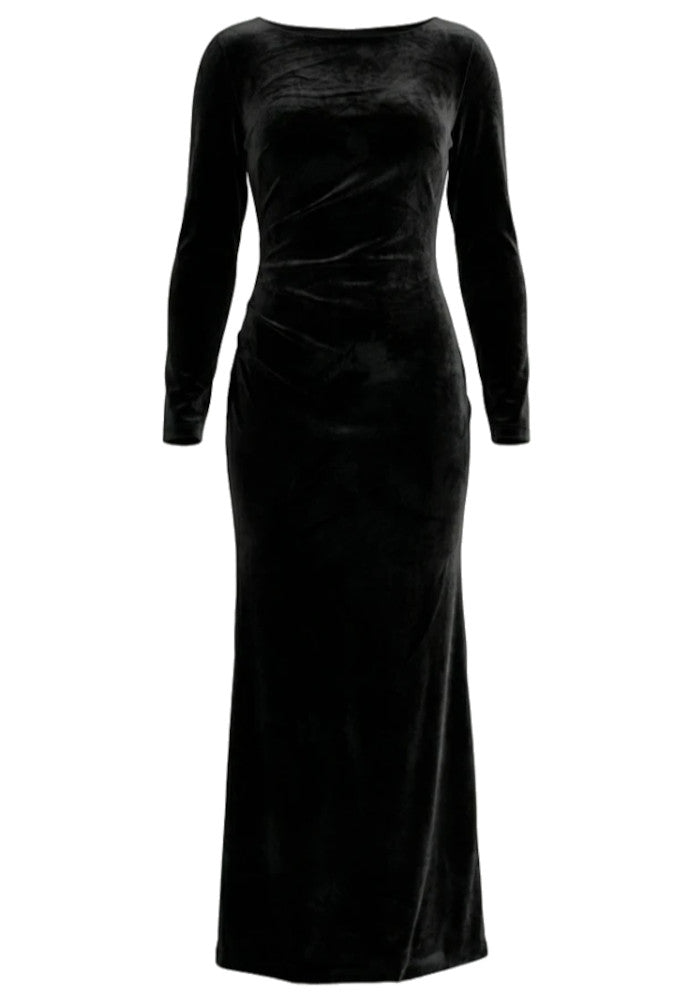Long Sleeve Crystal Backless Maxi Velvet Dress Black
