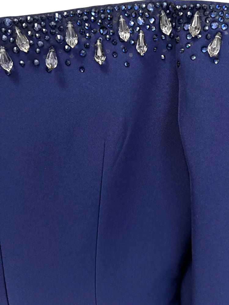 Long Sleeve Bardot Crystal Maxi Dress Navy Blue