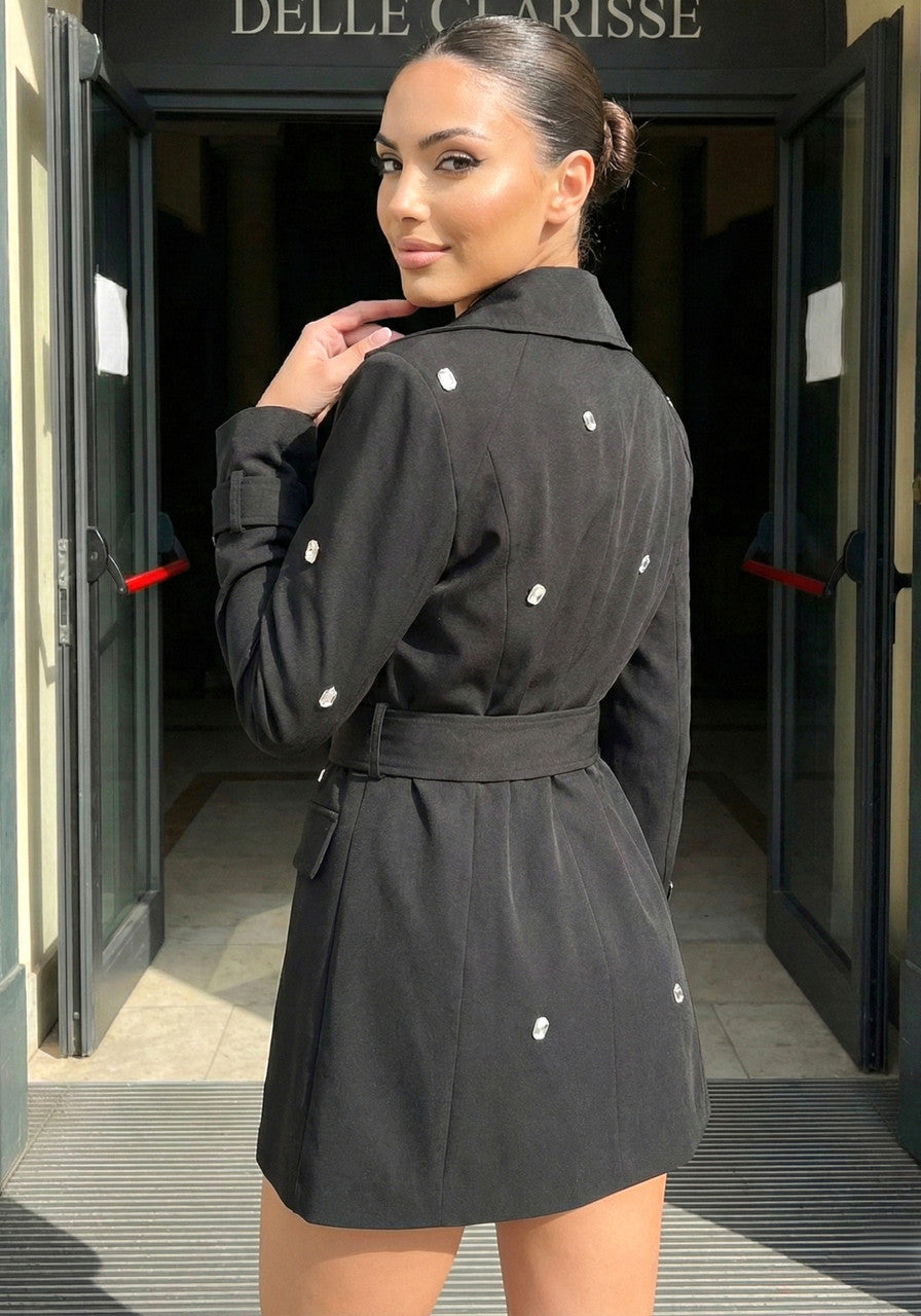 Long Sleeve Crystal Belt Dress Black