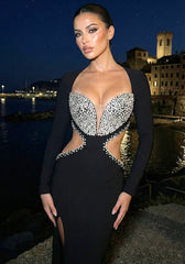 Long Sleeve Crystal Bustier Cut Out Maxi Dress Black