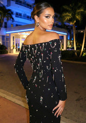 Long Sleeve Crystal Chain Maxi Dress Black