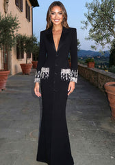 Long Sleeve Crystal Maxi Coat Dress Black