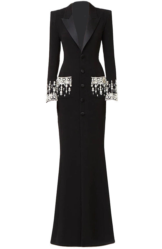Long Sleeve Crystal Sequin Maxi Coat Dress Black
