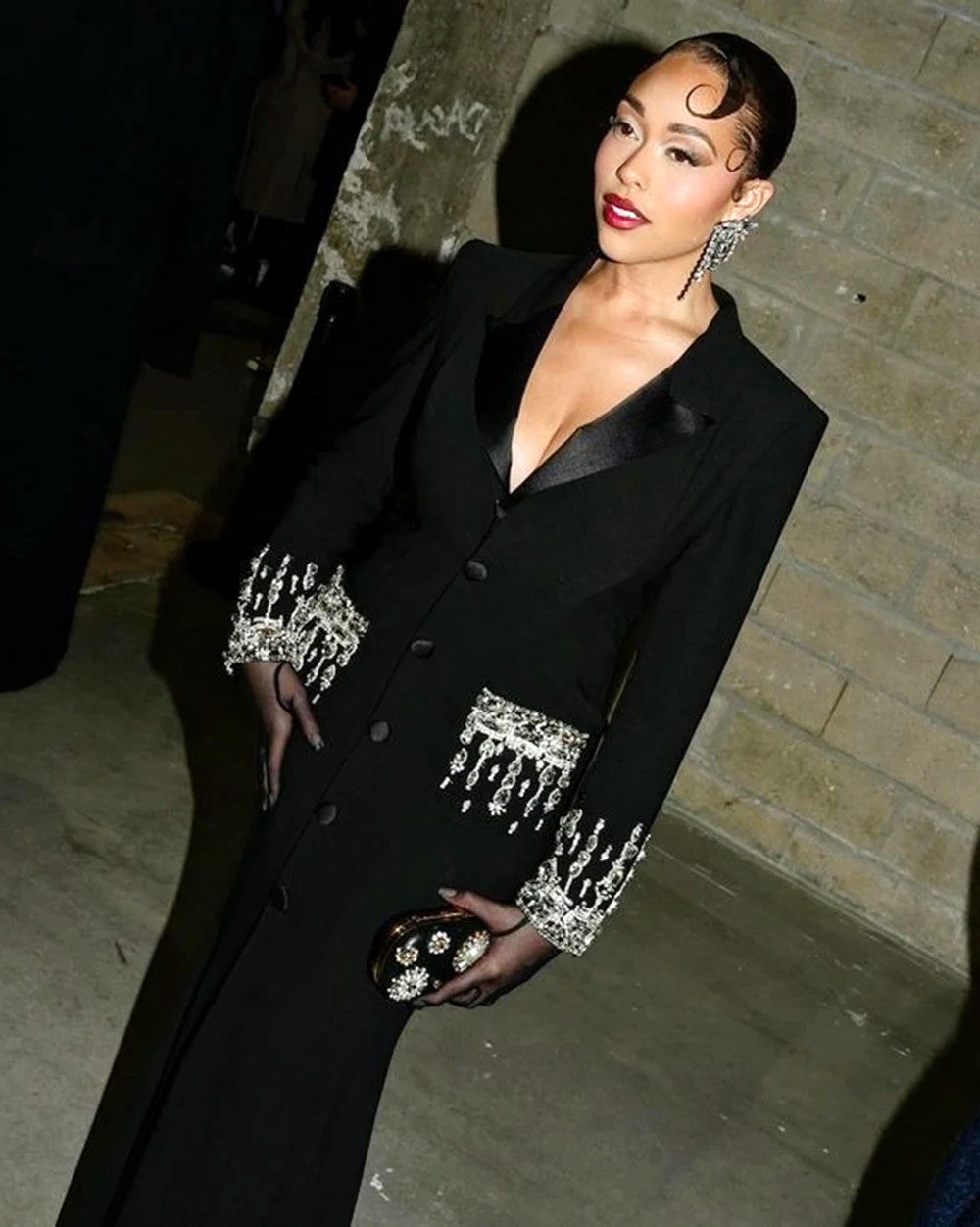 Long Sleeve Crystal Sequin Maxi Coat Dress Black