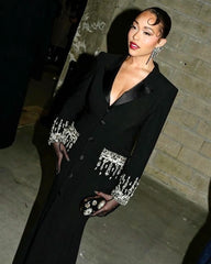 Long Sleeve Crystal Sequin Maxi Coat Dress Black