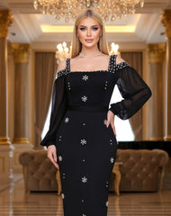 Long Sleeve Crystal Cold Shoulder Maxi Dress Black