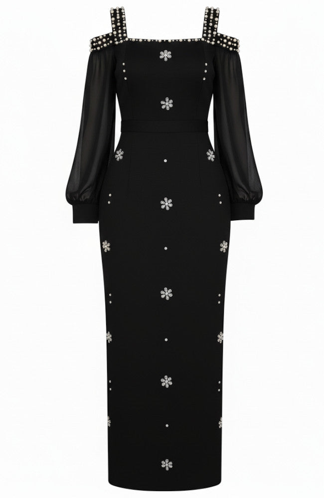 Long Sleeve Crystal Cold Shoulder Maxi Dress Black