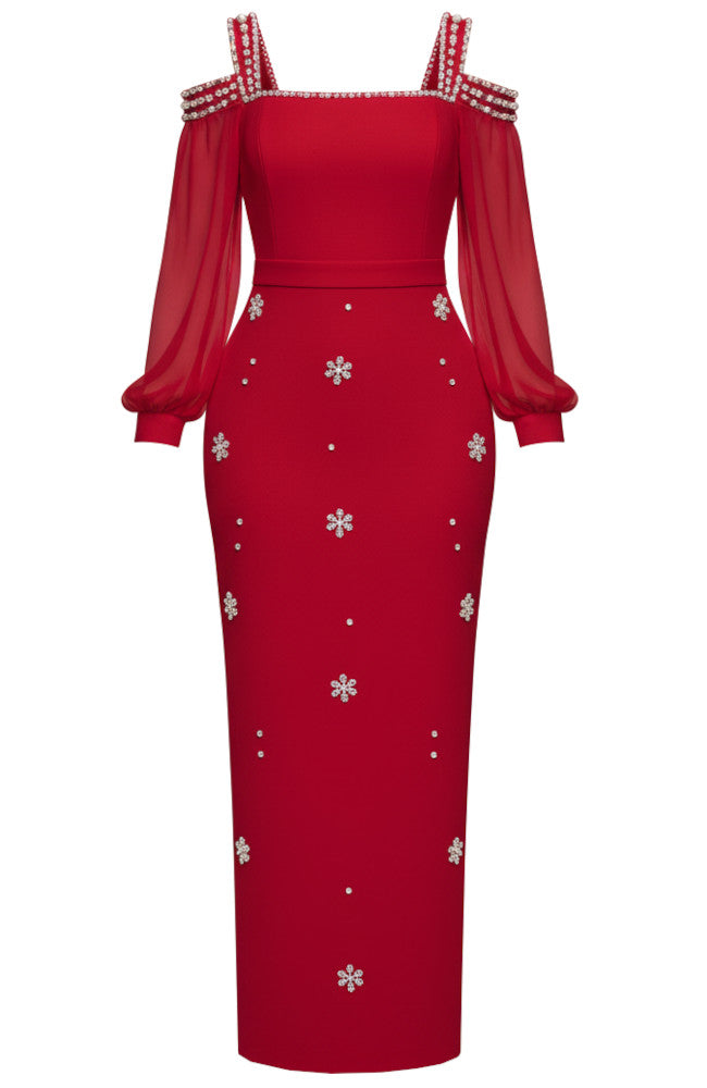 Long Sleeve Crystal Cold Shoulder Maxi Dress Red