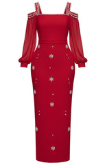 Long Sleeve Crystal Cold Shoulder Maxi Dress Red