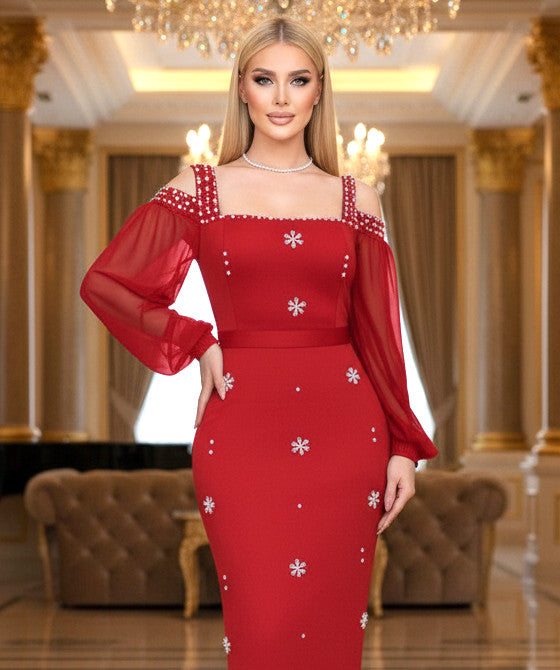 Long Sleeve Crystal Cold Shoulder Maxi Dress Red