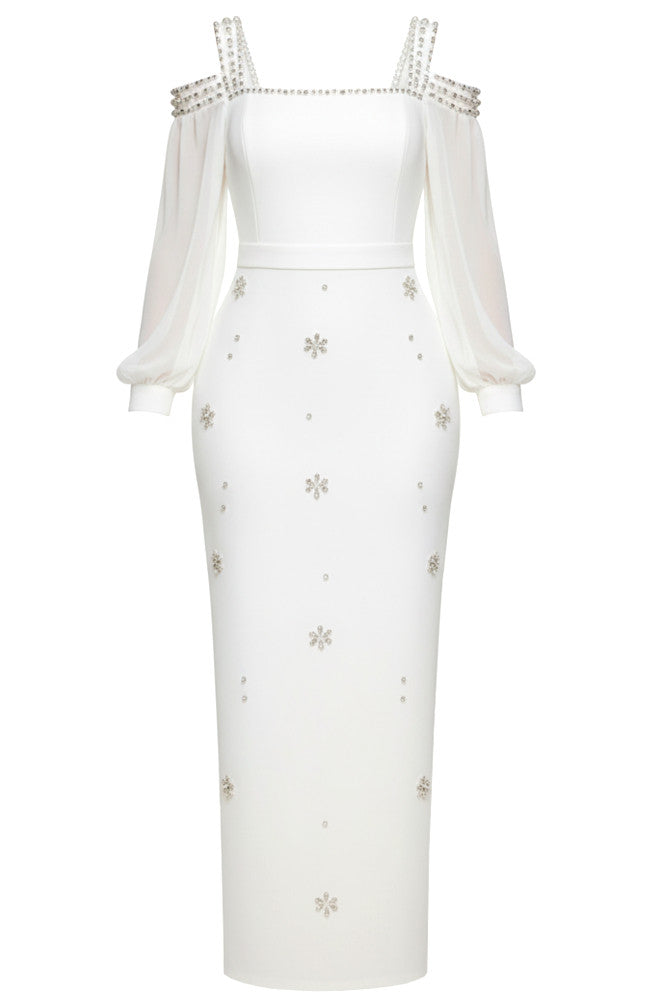 Long Sleeve Crystal Cold Shoulder Maxi Dress White