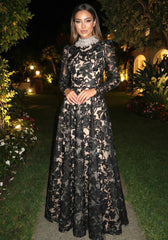 Long Sleeve Crystal Collar Floral A Line Maxi Dress Black White