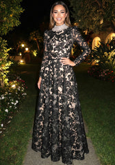 Long Sleeve Crystal Collar Floral A Line Maxi Dress Black White