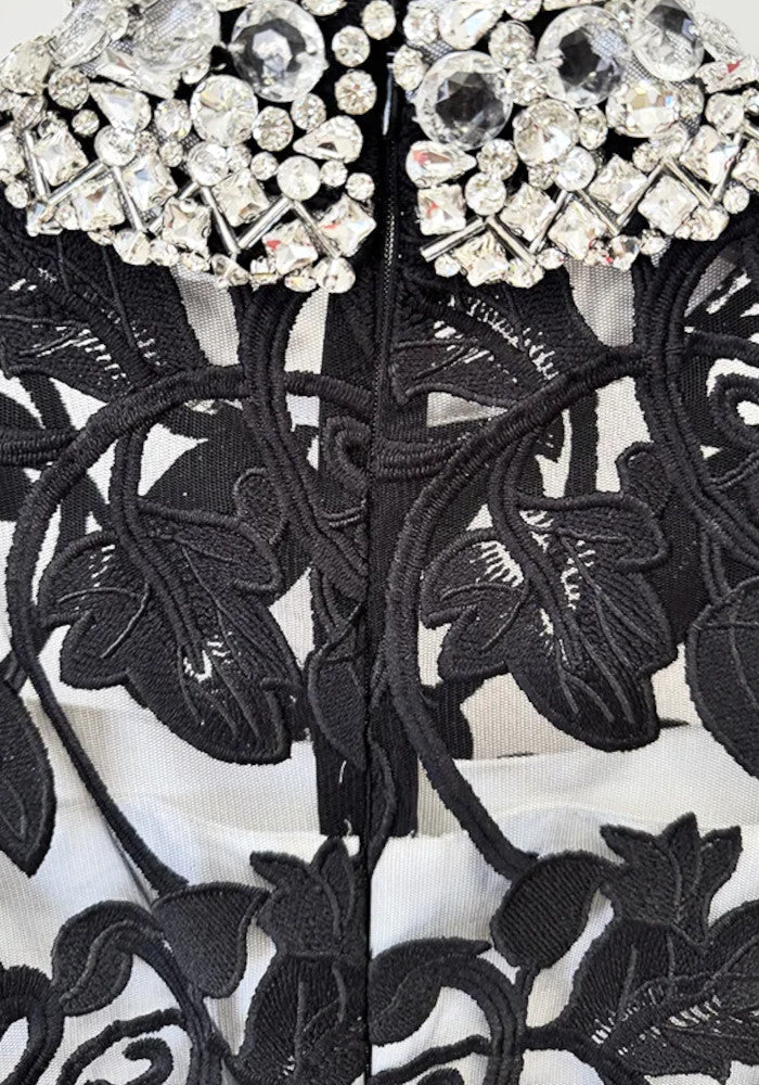 Long Sleeve Crystal Collar Floral A Line Maxi Dress Black White