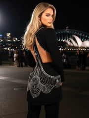 Long Sleeve Crystal Cut Out Detail Suit Black