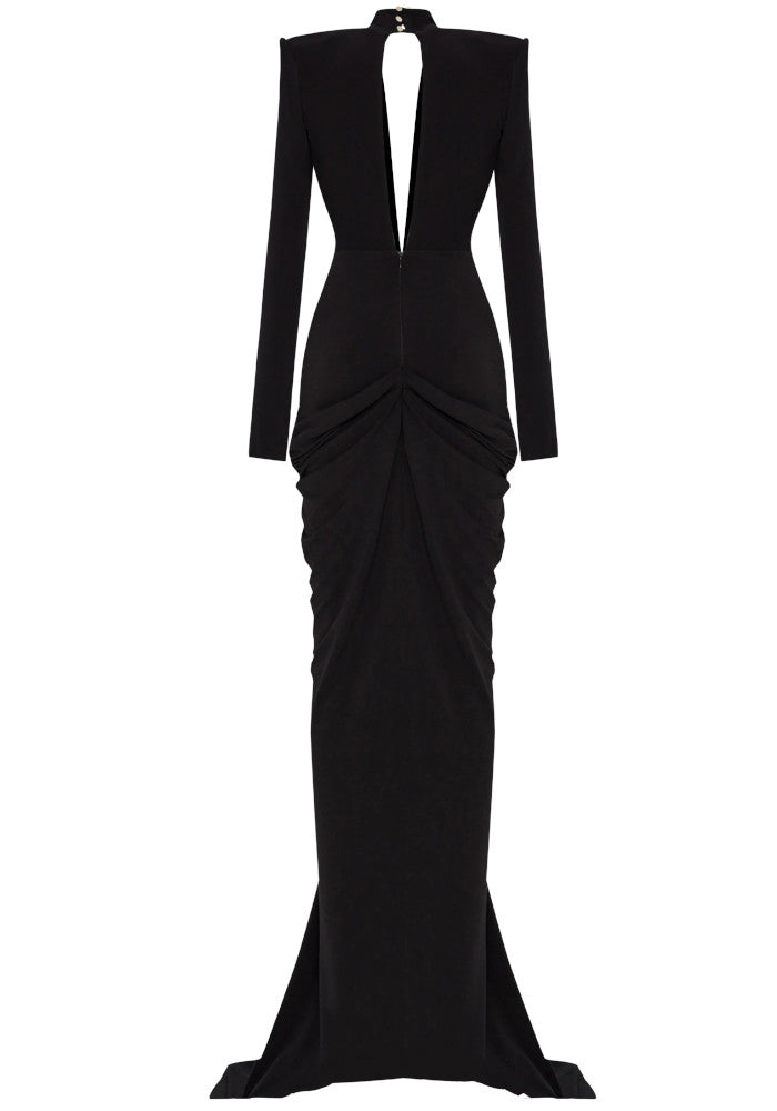 Long Sleeve Plunge V Neck Crystal Maxi Dress Black