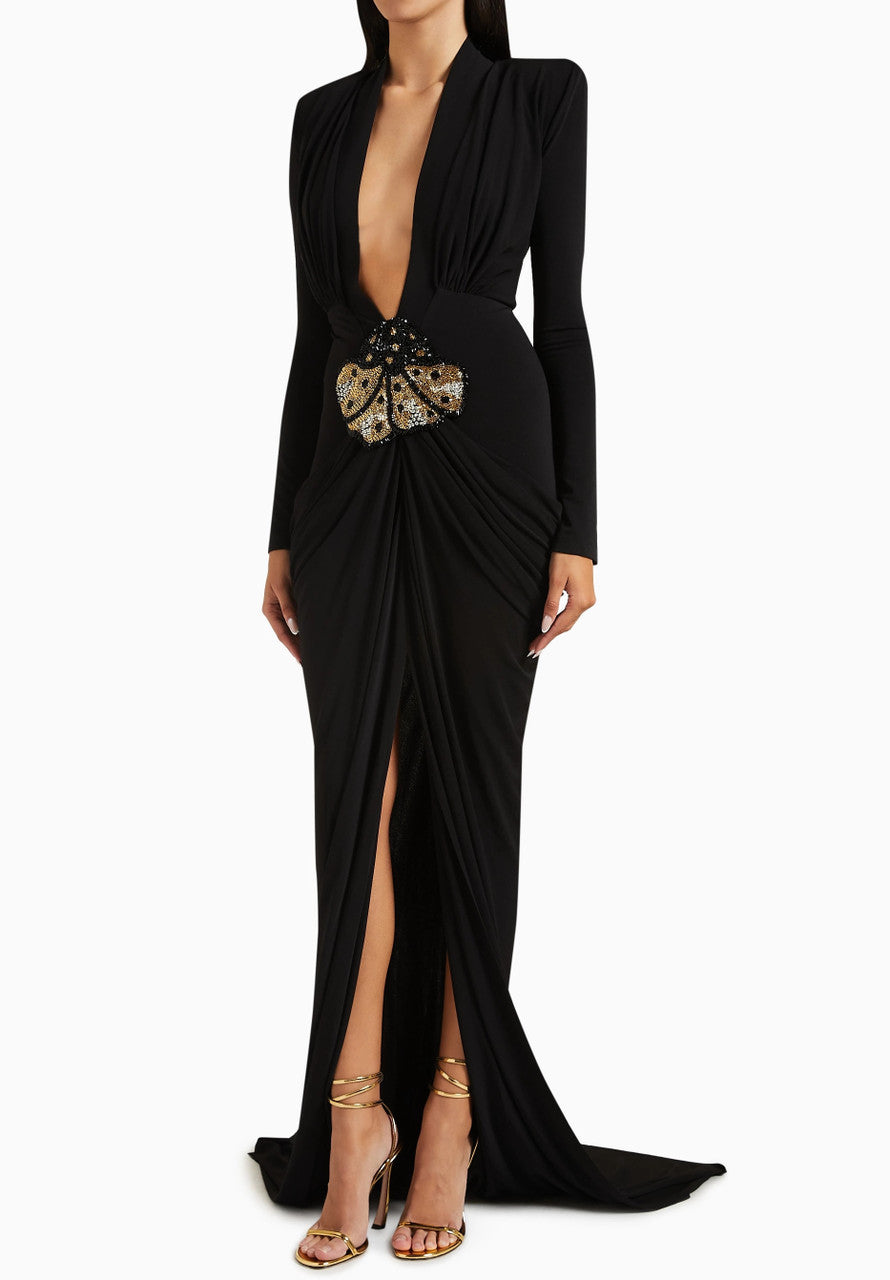 Long Sleeve Plunge V Neck Crystal Maxi Dress Black