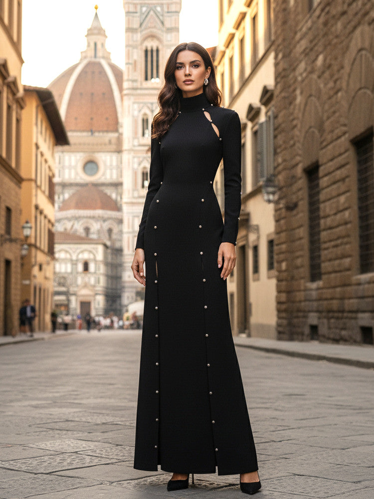 Long Sleeve Crystal Cut Out Maxi Dress Black