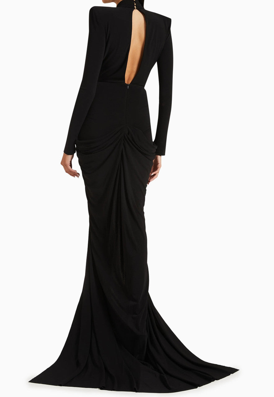 Long Sleeve Plunge V Neck Crystal Maxi Dress Black