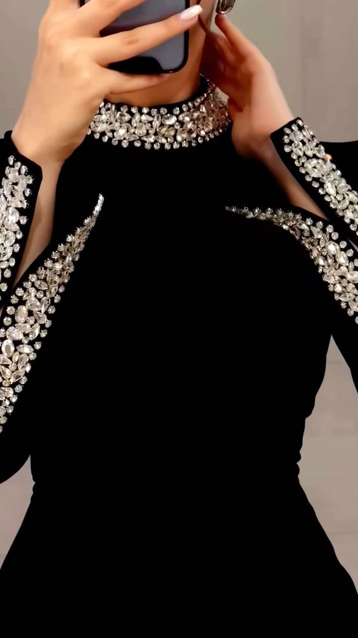 Long Sleeve Crystal Detail Midi Dress Black