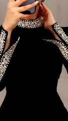 Long Sleeve Crystal Detail Midi Dress Black