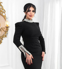 Long Sleeve Crystal Detail Midi Dress Black