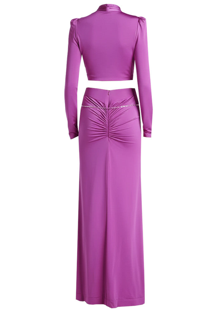 Long Sleeve Crystal Draped Maxi Dress Magenta