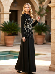 Long Sleeve Crystal Detail A Line Maxi Dress Black