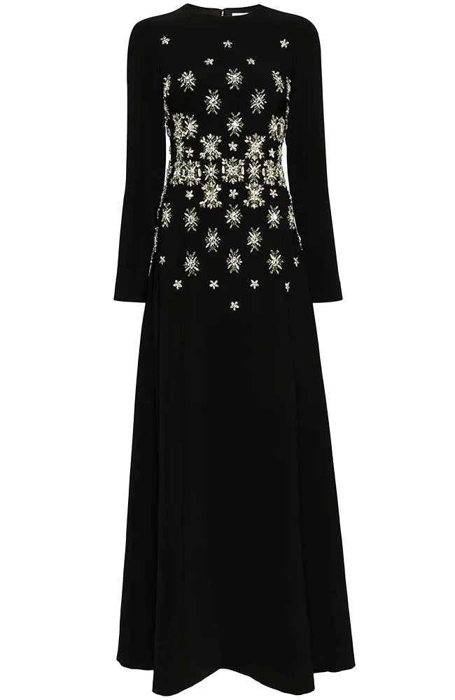 Long Sleeve Crystal Detail A Line Maxi Dress Black