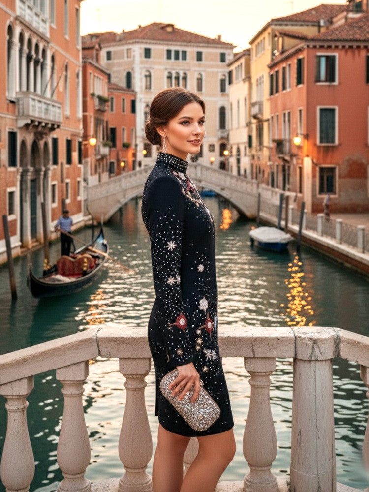 Long Sleeve Crystal Embellished Dress Black