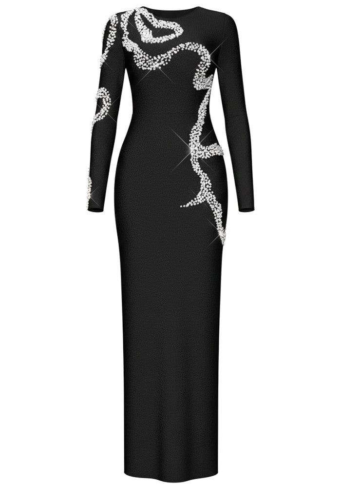 Long Sleeve Crystal Design Maxi Dress Black