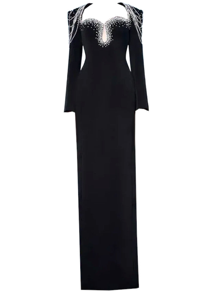 Long Sleeve Embellished Shoulders Maxi Dress Black