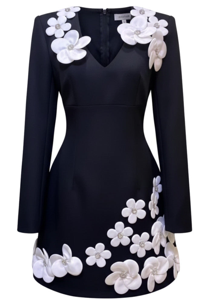 Long Sleeve Crystal Floral A Line Dress Black White
