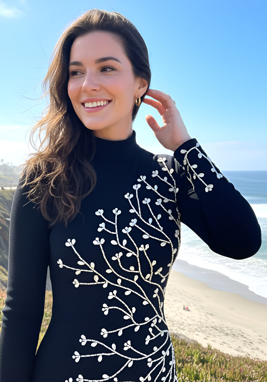 Long Sleeve Crystal Branch Detail Maxi Dress Black
