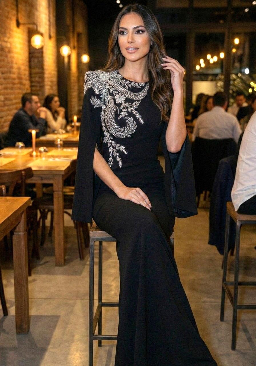 Long Sleeve Crystal Floral Maxi Dress Black