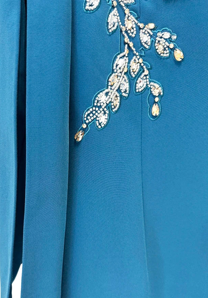Long Sleeve Crystal Floral Maxi Dress Turquoise