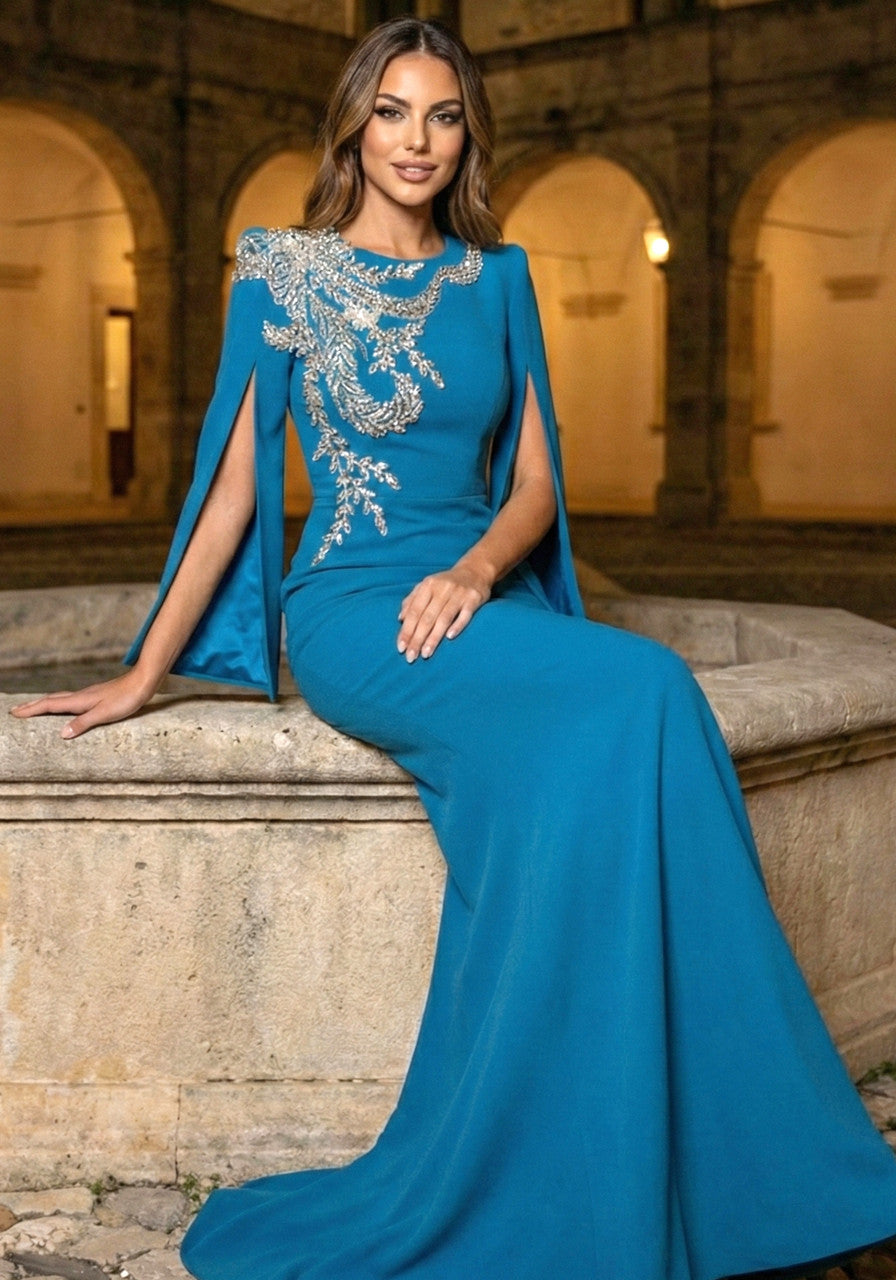 Long Sleeve Crystal Floral Maxi Dress Turquoise