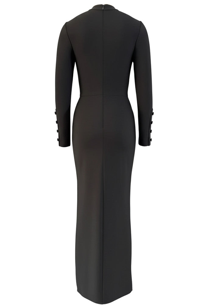 Long Sleeve Floral Crystal Maxi Dress Black