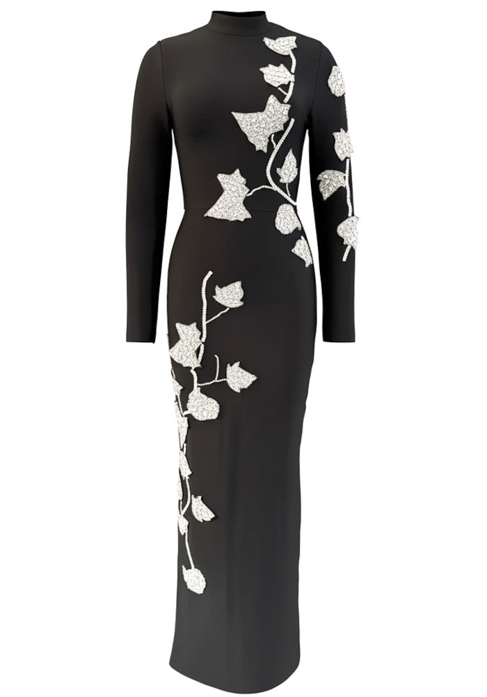 Long Sleeve Floral Crystal Maxi Dress Black