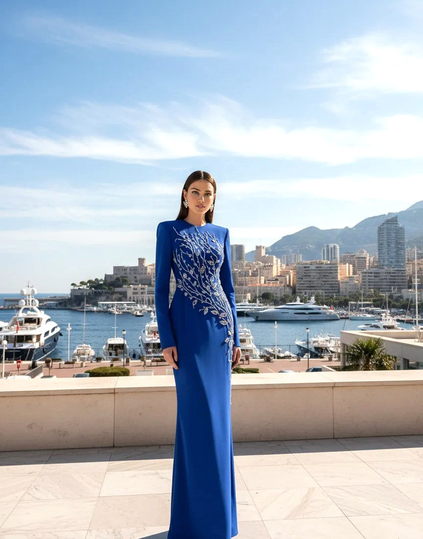 Long Sleeve Crystal Floral Maxi Dress Blue