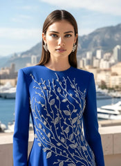Long Sleeve Crystal Floral Maxi Dress Blue