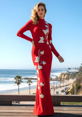 Long Sleeve Floral Crystal Maxi Dress Red
