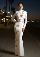 Long Sleeve Floral Crystal Maxi Dress White