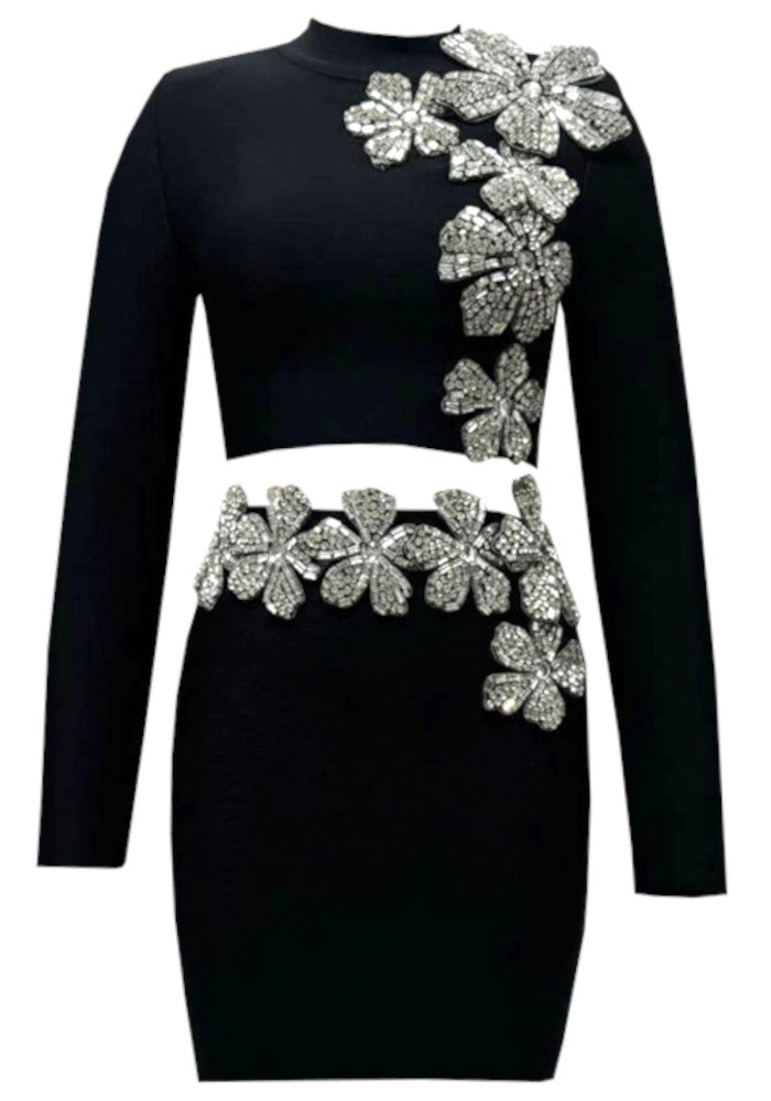 Long Sleeve Crystal Floral Detail Two Piece Dress Black