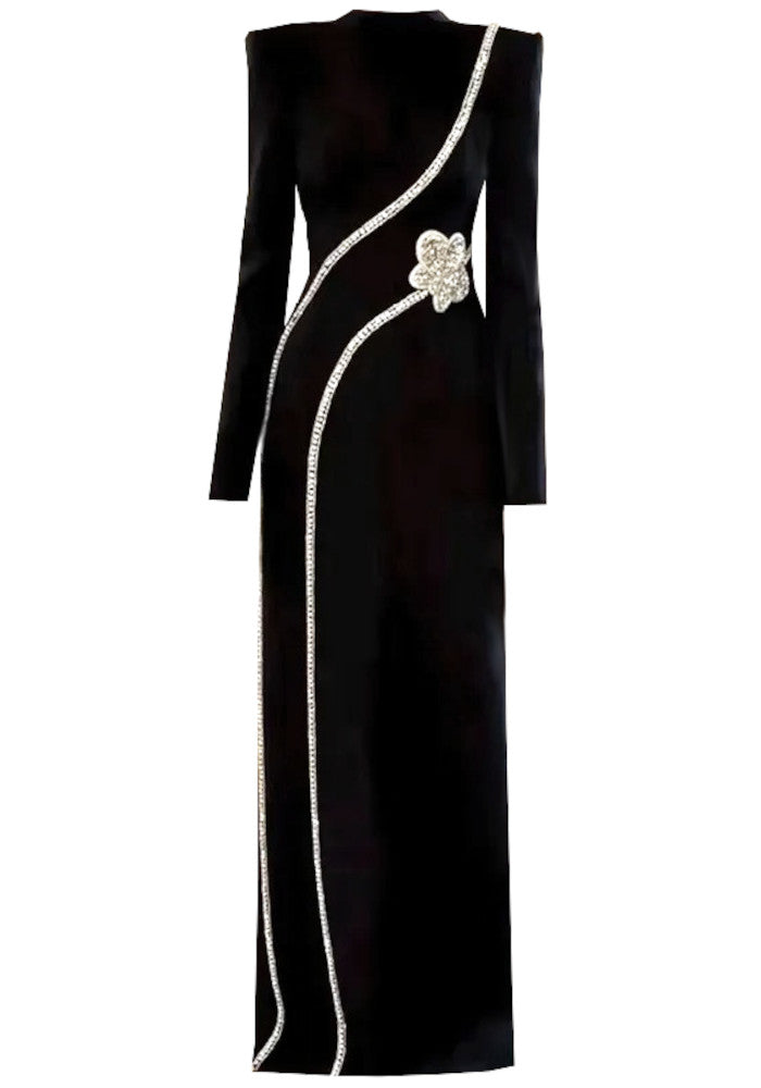 Long Sleeve Crystal Flower Maxi Dress Black