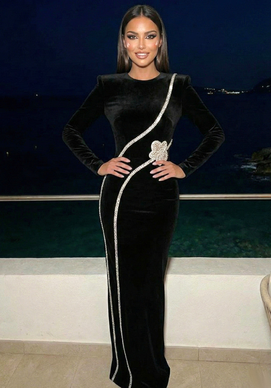 Long Sleeve Crystal Flower Maxi Dress Black