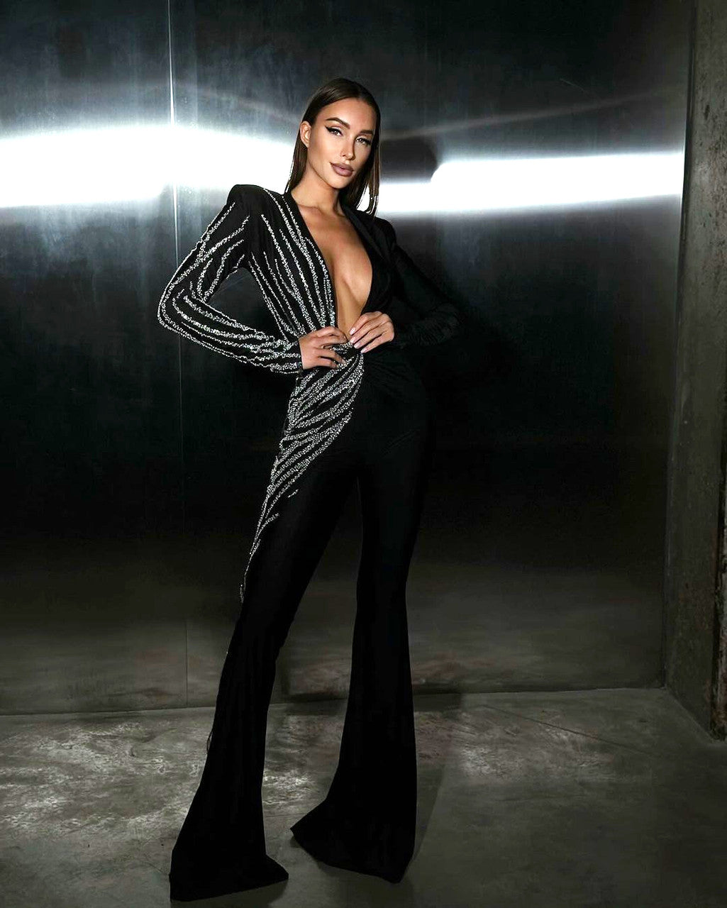 Long Sleeves Crystal Jumpsuit Black