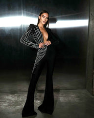 Long Sleeves Crystal Jumpsuit Black