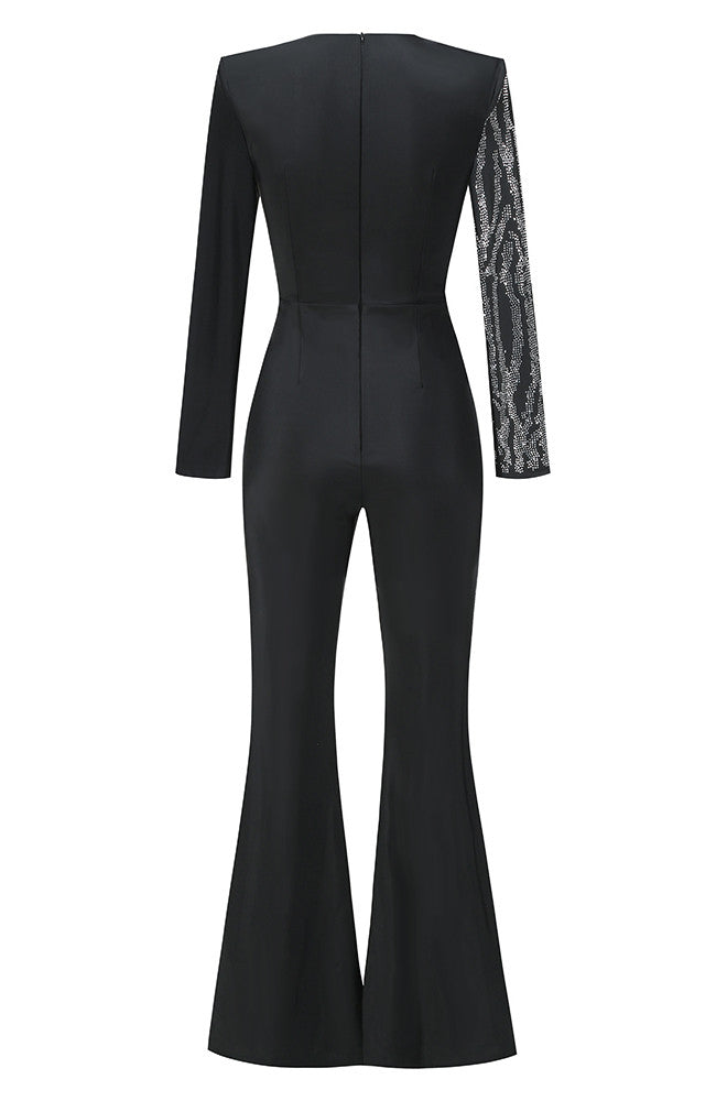 Long Sleeves Crystal Jumpsuit Black