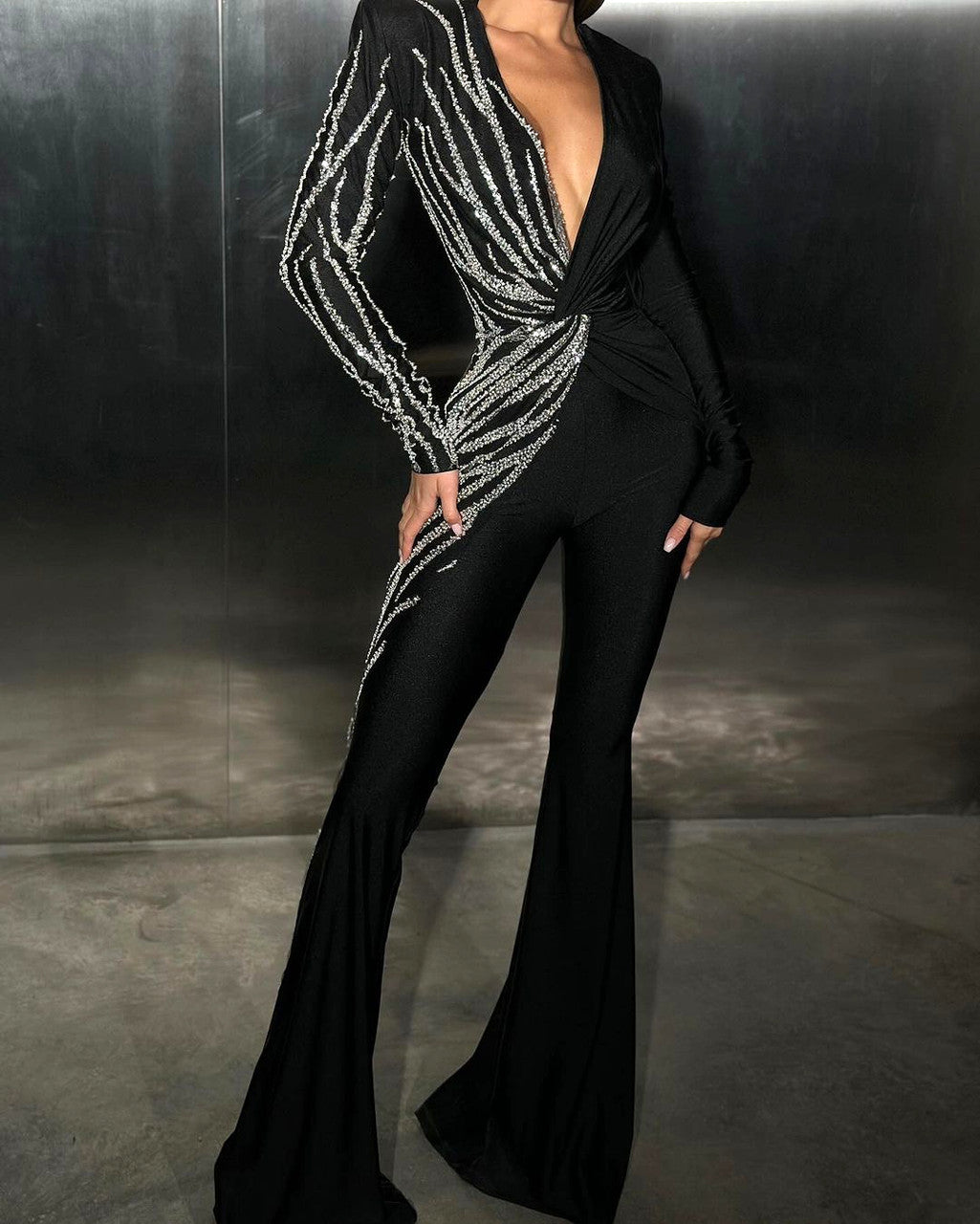 Long Sleeves Crystal Jumpsuit Black